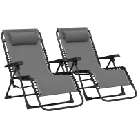 Outsunny Lot de 2 bain de soleil, chaise longue pliante inclinable avec appuie-tête en textilène, 90 x 65 x 112 cm, gris(m-11)