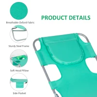 Outsunny Foldable Sun Lounger with Reading Hole - Portable Sun Lounger with 5-Level Adjustable Backrest, Reclining Lounge Chair with Side Pocket, Headrest Pillow, Green(m-18)