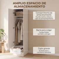 HOMCOM Armario Dormitorio Moderno Armario Ropero con Barra para Colgar Cajón Estante Superior 40x52x170 cm Blanco(m-4)
