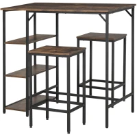 HOMCOM Bartisch-Set Stehtisch mit 2 Barhockern Essgruppe 3-teiliges Tischset Küchentresen mit Regale Spanplatte Stahl Rustikales Braun+Schwarz 109 x 60 x 100 cm(m-12)