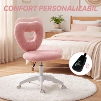 HOMCOM Scaun de Birou Rotativ cu Spătar în Formă de Inimă, Înălțime Reglabilă, Țesătură Teddy, 45x56x78-88 cm, Roz(m-7)