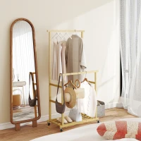 HOMCOM Stender Appendiabiti con 2 Barre, Ripiano Inferiore e 4 Ruote in Bambù, 80x40x160 cm, Legno Naturale(m-6)