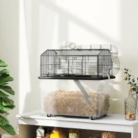 PawHut Cușcă pentru Hamsteri cu 2 Niveluri, cu Roți, Tuburi, Bol, Sticlă și Rampă, 58x43x57 cm, Neagră(m-10)