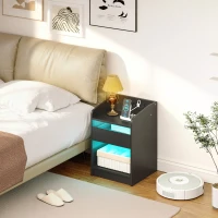 HOMCOM Mesita de Noche con Estación de Carga Luz LED RGB Cajón Estante Abierto Puertos USB y Control Remoto 40x40x58 Cm Negro(m-8)
