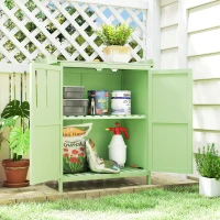 Outsunny Wooden Garden Shed, Garden Tool Storage Shed with Hinged Roof and Shelf, Outdoor Storage Cabinet with Double Doors, Light Green(m-10)
