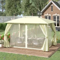 Outsunny Gazebo da Giardino 4x3m con Doppio Tettuccio, Pareti in Poliestere e Struttura in Acciaio, Beige(m-2)