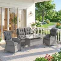 Outsunny Garden PE Rattan Dining Sofa Set, Outdoor 4 Seater Wicker Furniture, High Back Chairs with Cushions, Tempered Glass Coffee Table for Patio, Light Grey(m-9)