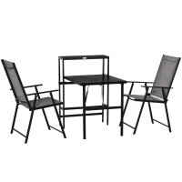 Outsunny 3 Pcs Folding Garden Furniture Set, Foldable Table and 2 Chairs Set w/ Side Shelf, Metal Frame, Indoor Outdoor Patio Balcony(m-10)