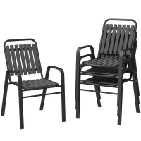 Outsunny Set 4 Sedie da Giardino Impilabili con Schienale Alto e Braccioli, in PP e Acciaio, 56x66x91 cm, Nero(m-11)