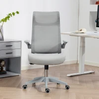 HOMCOM Scaun de Birou Ergonomic cu Brațe Reglabile, Spătar din Plasă și Tetieră, Gri(m-10)