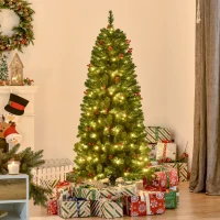HOMCOM 5FT Prelit Artificial Pencil Christmas Tree with Warm White LED Light, Red Berry, Holiday Home Xmas Decoration, Green(m-2)