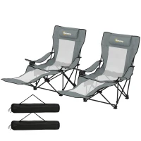 Outsunny Lot de 2 Chaises de Camping Pliante Inclinable 4 Positions, Repose-Pieds Amovible, Porte-Gobelet, 125x80x90cm, Gris(m-17)