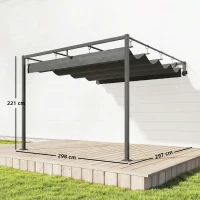 Outsunny Pergola Addossata 3x3 m con Tetto Retrattile Scorrevole UV30+ e Fori di Drenaggio, Grigio Scuro(m-3)