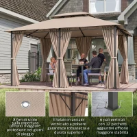 Outsunny Gazebo da Giardino 4x3m con Doppio Tetto e Tende Laterali in Acciaio e Poliestere, Color Cachi(m-6)