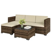 Outsunny Conjunto de Jardín Exterior de Ratán 5 Piezas con Cojines 2 Sillones de Esquina Sillón sin Brazos Reposapiés y Mesa(m-11)