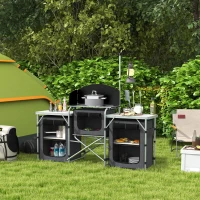 Outsunny Cucina da Campeggio Pieghevole a 3 Piani con 5 Ripiani Interni e 4 Ganci, 172x48x130 cm, Nero(m-10)