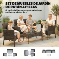 Outsunny Conjunto Muebles Jardín de Ratán Sintético con Sofá Sillones y Mesa de Vidrio Templado y Cojines Marrón y Gris(m-4)