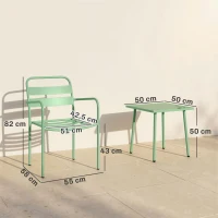 Outsunny Ensemble bistrot de jardin 3 pièces - table basse en verre trempé et 2 chaises à lattes, cadre en acier galvanisé, vert(m-3)