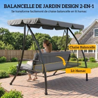 Outsunny Balancelle de Jardin Convertible 3 Places Inclinaison Toit réglable Matelas 2 x 1,25 x 1,7 m métal Polyester Gris clair(m-4)