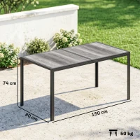 Outsunny Tavolo da Giardino 4-6 Persone con Piano Effetto Legno, in Acciaio e Plastica PSPC, 150x80x74 cm, Grigio e Nero(m-3)