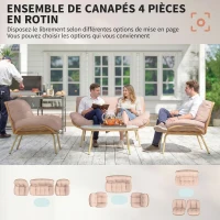 Outsunny Salon de Jardin 4 Pièces en Résine Tressée Coussin 12 cm Ultra Épais Canapé 138 cm 2 Fauteuils et Table Basse Beige(m-4)