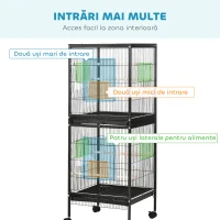 PawHut Colivie Volieră pentru Păsări de Interior cu Roți și Tăvi Detasabile, 51.5x50x140 cm, Negru(m-5)