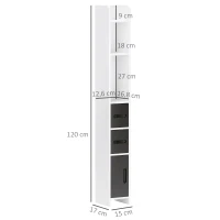 kleankin Colonna Bagno con 3 Mensole e 3 Armadietti, in Legno, 15x17x120 cm, Bianco e Nero(m-3)