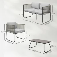 Outsunny Set da Giardino Rattan con Divanetto 2 Posti, 2 Poltrone e Tavolino in Vetro, Cuscini Sfoderabili, Grigio(m-3)
