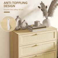 HOMCOM Chest of Drawer and Nightstands, Boho Rattan Furniture Set, Nature Wood Finish(m-7)