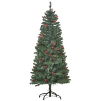 HOMCOM 5FT Prelit Artificial Pencil Christmas Tree with Warm White LED Light, Red Berry, Holiday Home Xmas Decoration, Green(m-10)