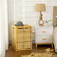HOMCOM Bambus Wäschekorb mit 63 L Wäschesammler mit Deckel Wäschesack, Stange 44 x 37 x 62,5 cm Naturholz(m-10)