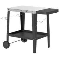 Outsunny Desserte Jardin 2 Niveaux Plateau en Inox avec Table Latérale Pliable et Roulettes, 115x67,5x80,5cm, Noir(m-12)