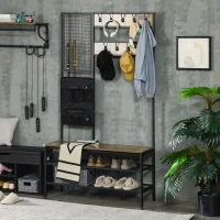 HOMCOM Cabideiro em design industrial, 1 quadro de recados, 1 banco para sapatos, 8 ganchos para roupa, 1 bolsa de armazenamento, Preto + Marrom(m-6)