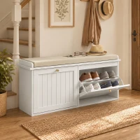 HOMCOM Panca Scarpiera con Cuscino Imbottito, 2 Cassetti Ribaltabili per 8-10 Paia di Scarpe, Bianco(m-8)