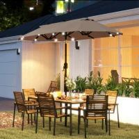 Outsunny Doppelsonnenschirm 292 x 150 cm, Sonnenschirm mit mit LED-Beleuchtung Handkurbel, Knickfunktion Khaki(m-10)