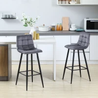 HOMCOM Juego de 2 Taburetes Altos de Cocina Taburetes de Bar Tapizados en Terciopelo con Reposapiés y Respaldo Gris(m-10)