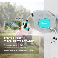 Outsunny Enrouleur tuyau arrosage dévidoir de tuyaux d'eau 25+2 m support mural + poignée pivotant à 180° 55 x 20 x 42 cm gris(m-4)