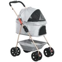 PawHut 3-in-1-Haustierkinderwagen, zusammenklappbarer Hundewagen mit 4 Rädern und abnehmbarer Trage für Hunde und Katzen, Grau(m-1)