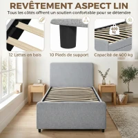 HOMCOM Lit gigogne 90 x 190 cm, cadre de lit simple/double avec sommier à lattes en bois, tête et pied rembourrés, gris clair(m-6)