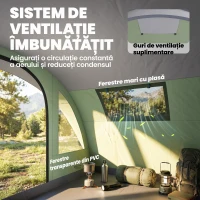 Outsunny Cort Mare Multi-Cameră pentru 2-4 Persoane, cu Ferestre și Verandă, Verde(m-7)