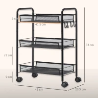 HOMCOM Carrello da Cucina a 3 Livelli con Cesti Removibili e 4 Ruote, in Acciaio e Plastica PP, 41.5Lx26.5x63 cm, Nero(m-3)
