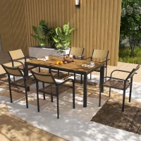 Outsunny Set Tavolo da Giardino Allungabile con 6 Sedie da Esterno Impilabili, Acciaio e Textilene, Marrone(m-9)
