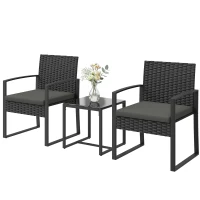 Outsunny Salon de jardin extérieur en résine tressée 2 personnes, table de jardin avec 2 chaises, plateau en verre trempé, noir(m-14)