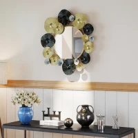 HOMCOM Adorno de Pared Metálico con Espejo Decorativo para Salón Dormitorio Pasillo 84x84 cm Dorado y Negro(m-10)