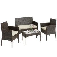 Outsunny Salon de jardin extérieur 4 personnes en résine tressée avec canapés et table basse en verre trempé coussins inclus beige(m-16)
