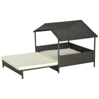 PawHut Extendable Elevated Dog Bed, Rattan Dog House, with Water-Resistant Roof, Removable Cushion, Cream(m-1)