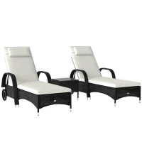 Outsunny Sonnenliege Gartenliege Tisch 3er-Set Gartenmöbel, Polyrattan+Metall Schwarz+Cremeweiß(m-1)