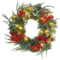 HOMCOM Ghirlandă de Crăciun de 60 cm cu lumini LED albe, timer, conuri, boabe și frunze de ilex, verde(m-12)