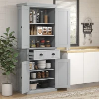 HOMCOM Armário de Cozinha Armário com Múltiplos Compartimentos Prateleiras Ajustáveis 4 Portas Grande Gaveta 76,2x40,2x183 cm Cinza(m-6)