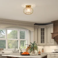 HOMCOM Plafonieră LED Modernă și Minimalistă cu Structură Tip Cușcă și 18 Cristale, din Metal Auriu, Ø27x19 cm(m-6)
